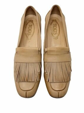 Tods Kiltie Fringe Leather Loafers Size EU 38.5 Blonde Made In Italy